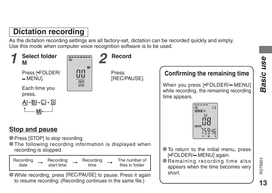 Dictation recording, Basic use | Panasonic RR-US430 User Manual | Page 13 / 44