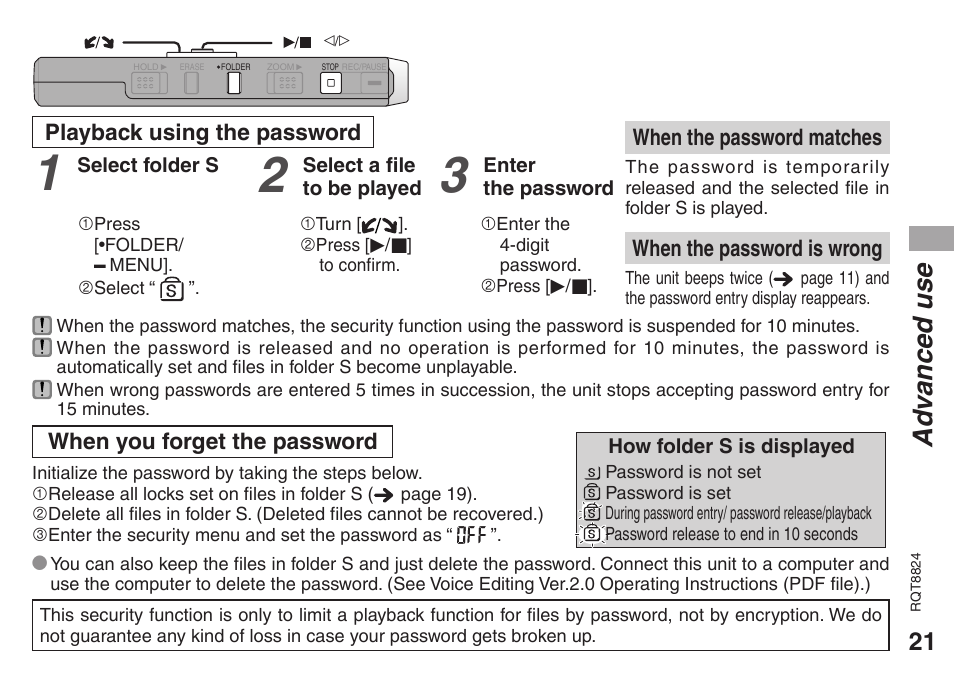 Ad vanced use | Panasonic RR-US430 User Manual | Page 21 / 44