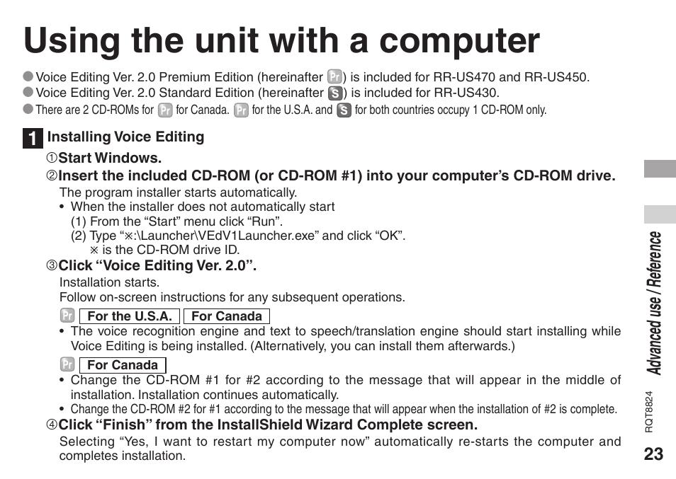 Reference, Using the unit with a computer, Ad vanced use / ref erence | Panasonic RR-US430 User Manual | Page 23 / 44