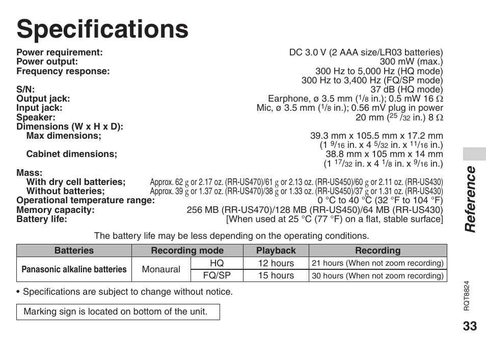 Specifications, Ref erence | Panasonic RR-US430 User Manual | Page 33 / 44