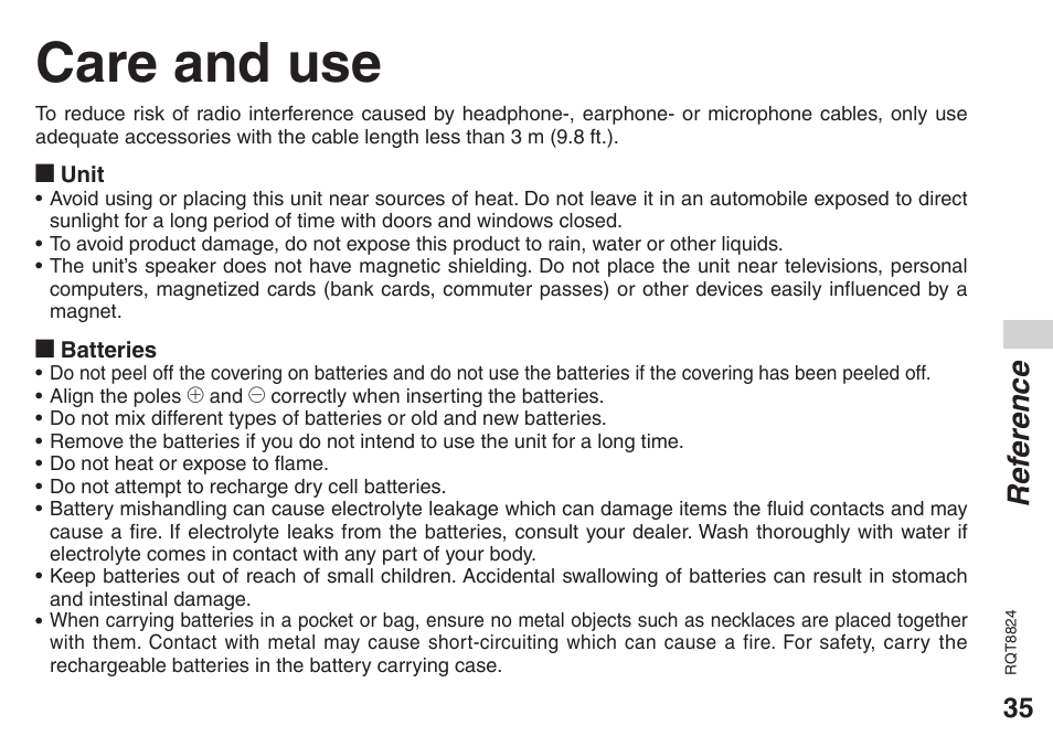 Care and use, Ref erence | Panasonic RR-US430 User Manual | Page 35 / 44