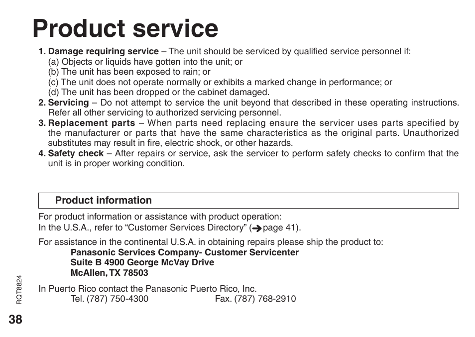 Product service | Panasonic RR-US430 User Manual | Page 38 / 44