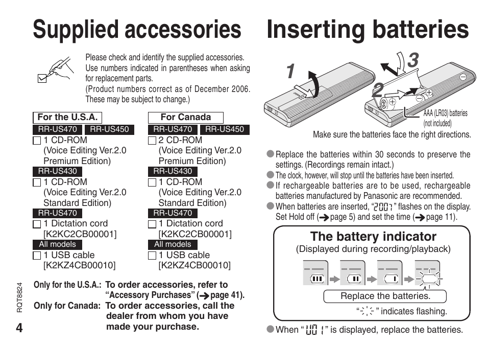 Supplied accessories, Inserting batteries, Supplied accessories inserting batteries | The battery indicator | Panasonic RR-US430 User Manual | Page 4 / 44