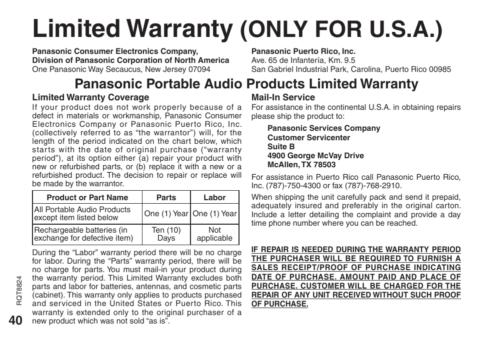 Limited warranty (only for u.s.a.), Limited warranty, Only for u.s.a.) | Panasonic portable audio products limited warranty | Panasonic RR-US430 User Manual | Page 40 / 44