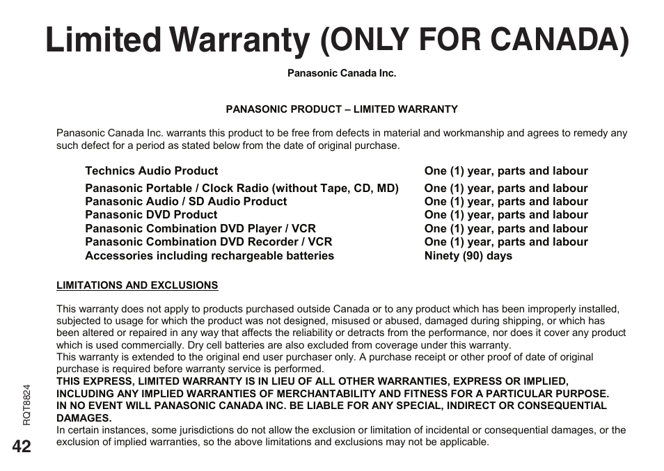 Limited warranty (only for canada), Limited warranty, Only for canada) | Panasonic RR-US430 User Manual | Page 42 / 44