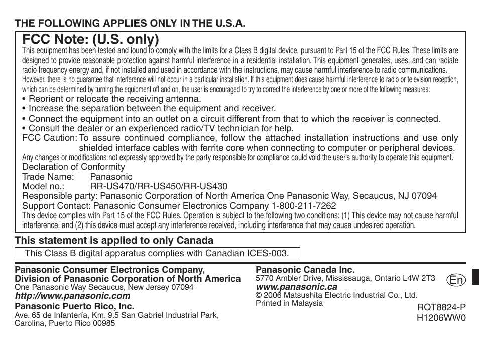 Panasonic RR-US430 User Manual | Page 44 / 44