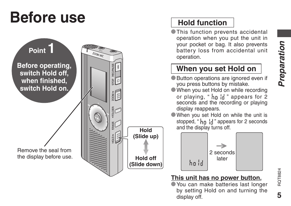 Before use, Preparation, Hold function | When you set hold on | Panasonic RR-US430 User Manual | Page 5 / 44