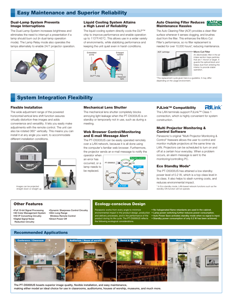 A new standard for 1-chip dlp, Projectors, Ecology-conscious design | Other features recommended applications, Mechanical lens shutter, Eco standby mode, Pjlink™ compatibility, Multi projector monitoring & control software, Flexible installation | Panasonic PT-D5000US User Manual | Page 3 / 4