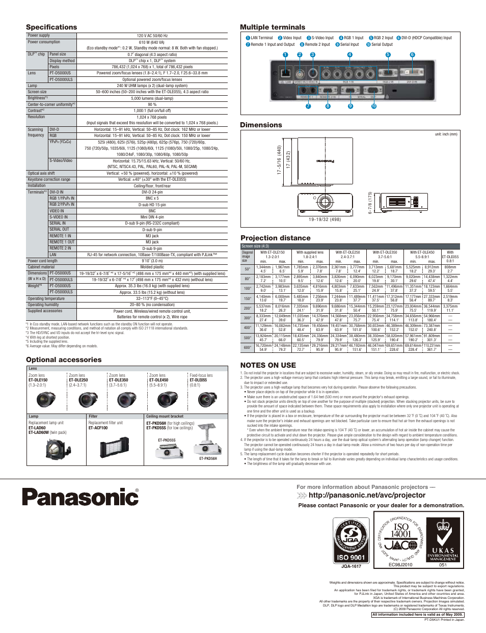 Specifications optional accessories, Projection distance, Multiple terminals | Dimensions, Based projector | Panasonic PT-D5000US User Manual | Page 4 / 4