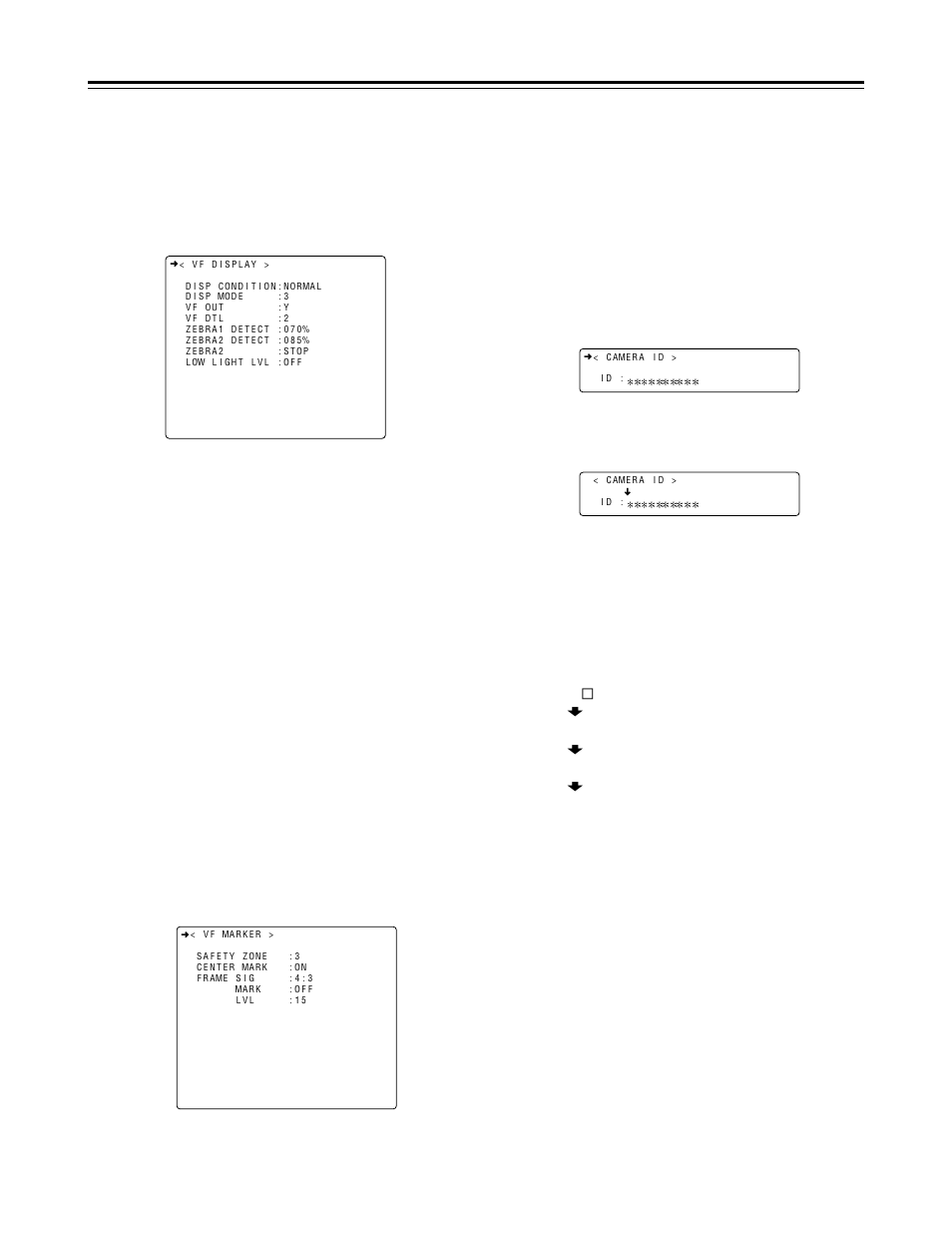 Viewfinder screen status displays, Switching the display mode, Setting the marker displays | Setting the camera id | Panasonic AJ-HDC27V User Manual | Page 44 / 118