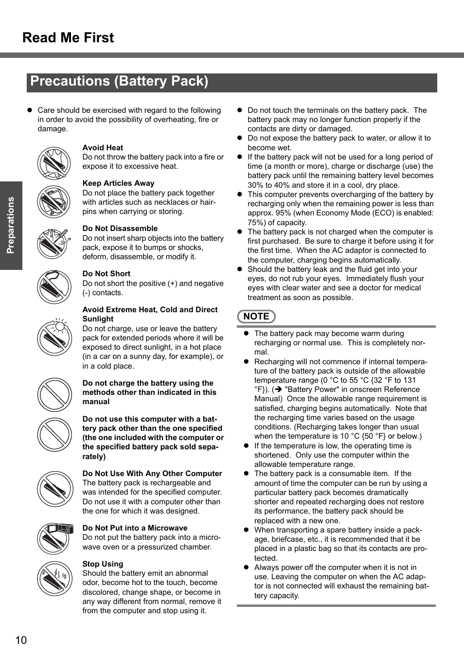 Precautions (battery pack), Read me first | Panasonic CF-W4 Series User Manual | Page 10 / 68