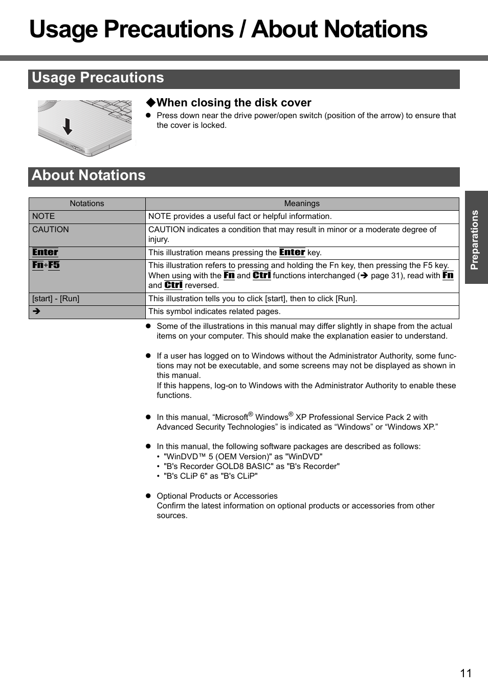 Usage precautions/about notations, Usage precautions / about notations, Usage precautions about notations | When closing the disk cover | Panasonic CF-W4 Series User Manual | Page 11 / 68