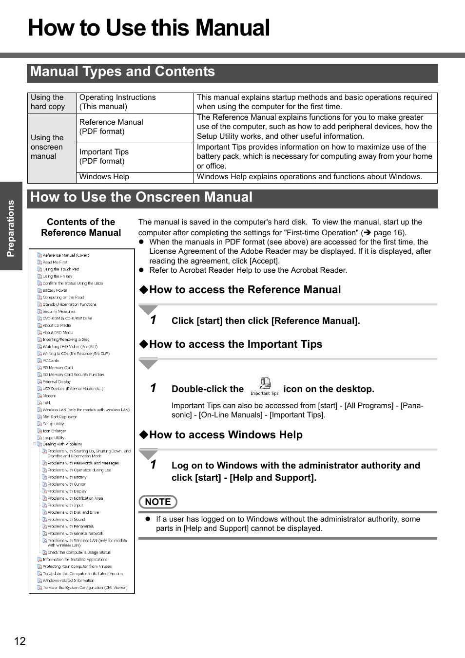 How to use this manual, Manual types and contents, How to use the onscreen manual | Panasonic CF-W4 Series User Manual | Page 12 / 68