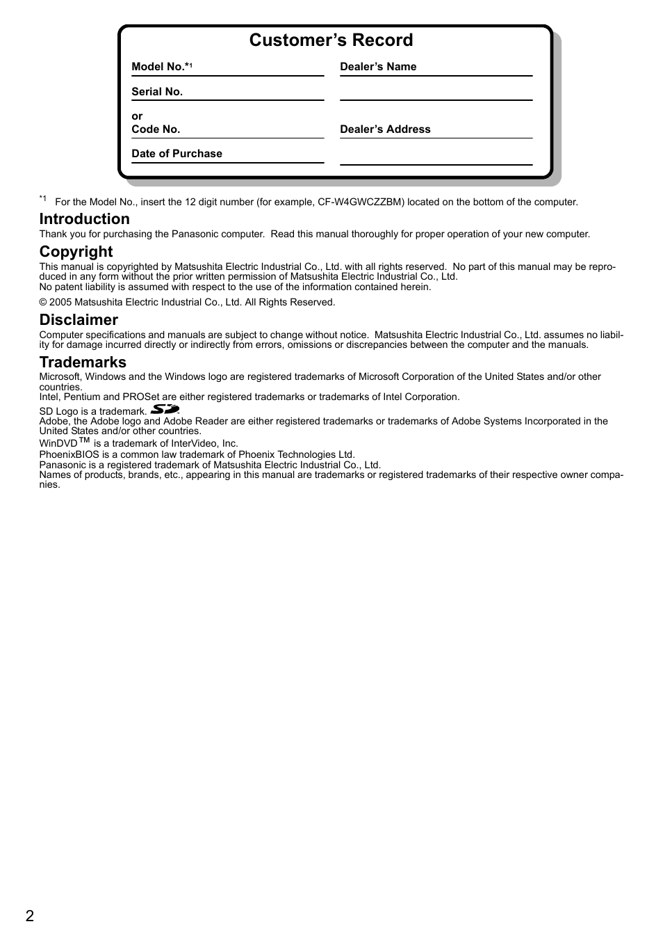 Customer’s record, Introduction, Copyright | Disclaimer, Trademarks | Panasonic CF-W4 Series User Manual | Page 2 / 68