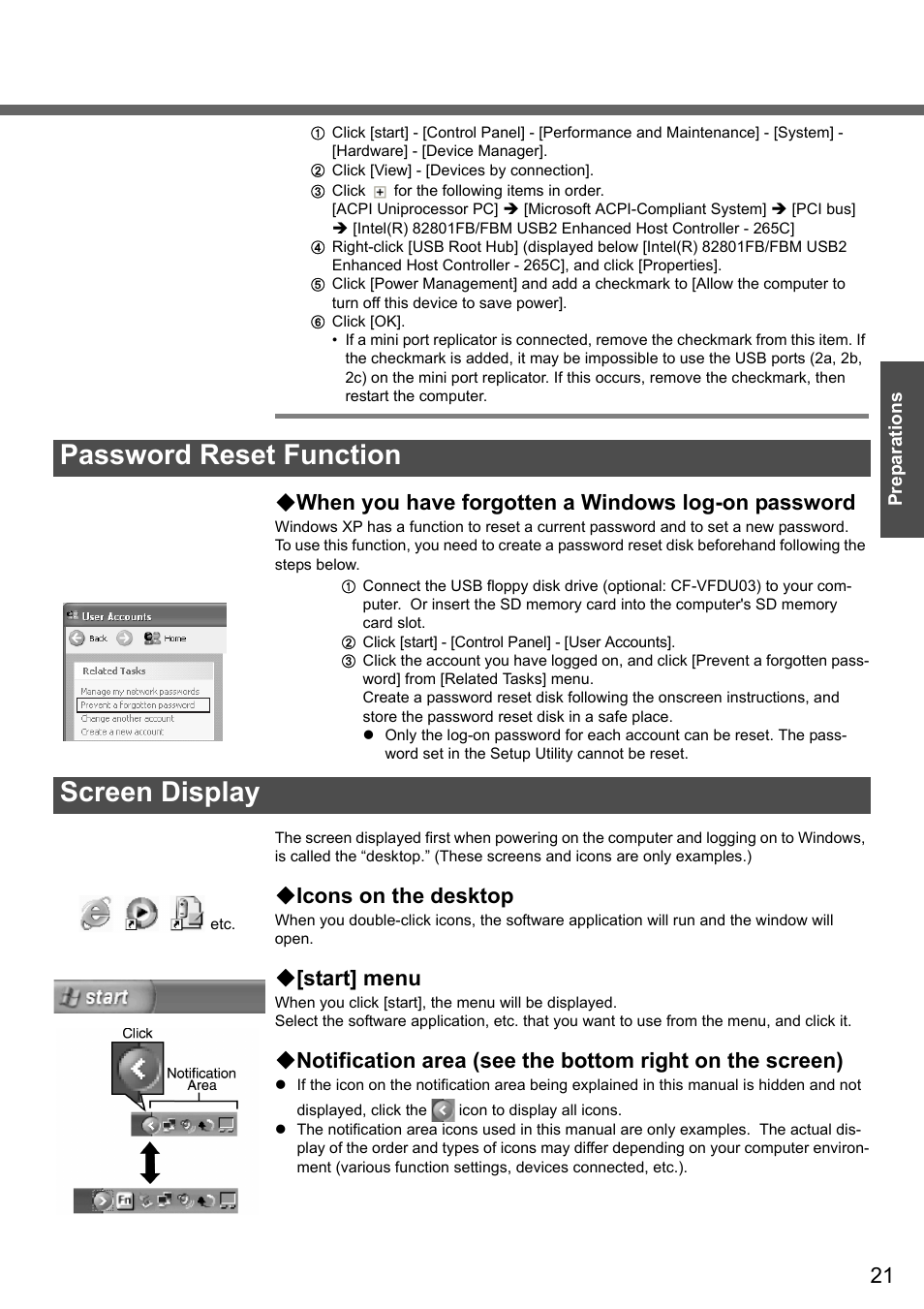 Password reset function screen display, When you have forgotten a windows log-on password, Icons on the desktop | Start] menu | Panasonic CF-W4 Series User Manual | Page 21 / 68