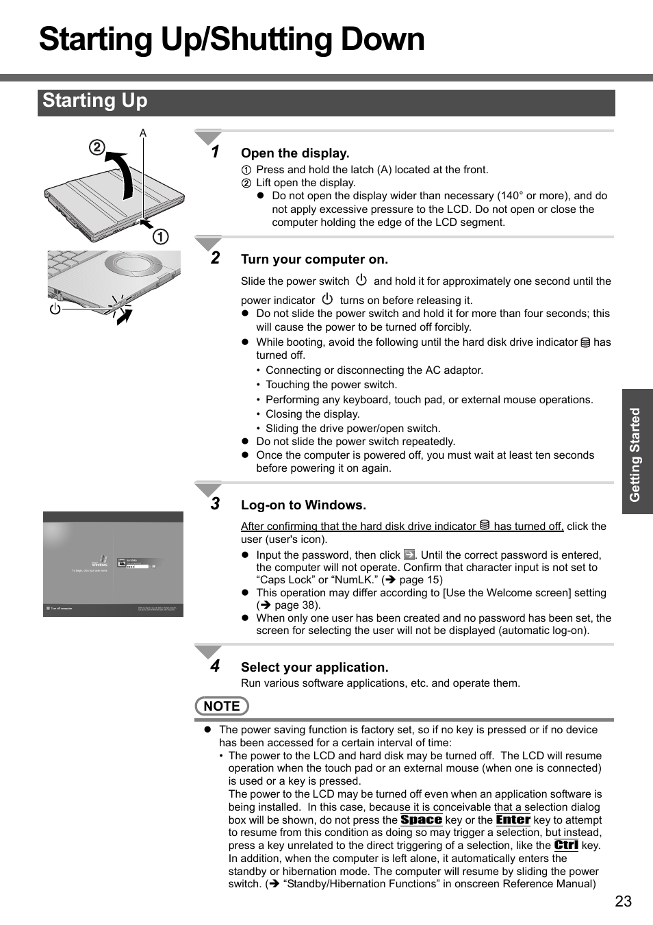 Getting started (basic operations), Starting up/shutting down, Starting up | Panasonic CF-W4 Series User Manual | Page 23 / 68