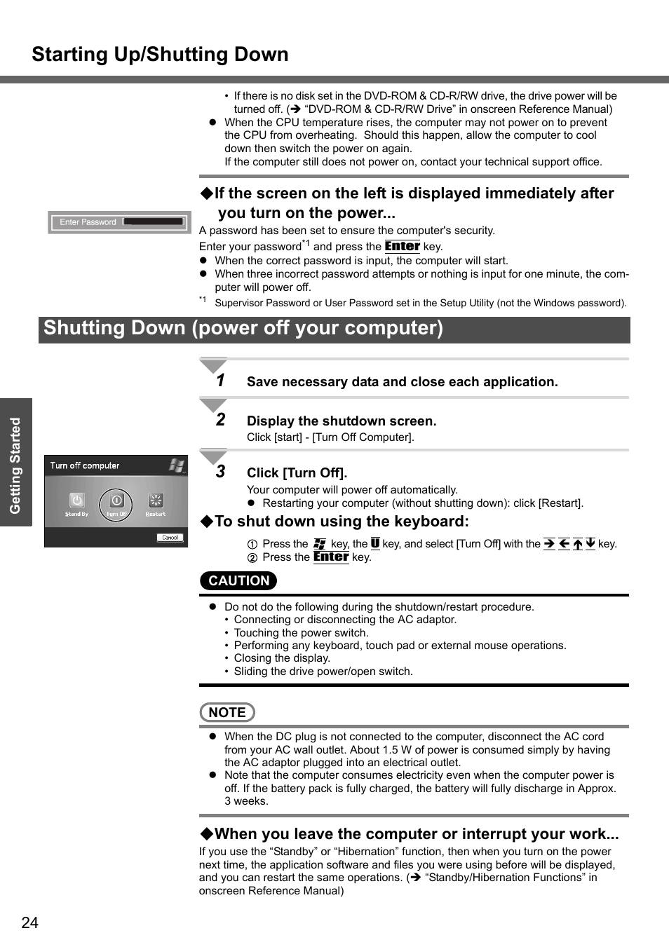 Starting up/shutting down, Shutting down (power off your computer), When you leave the computer or interrupt your work | Panasonic CF-W4 Series User Manual | Page 24 / 68