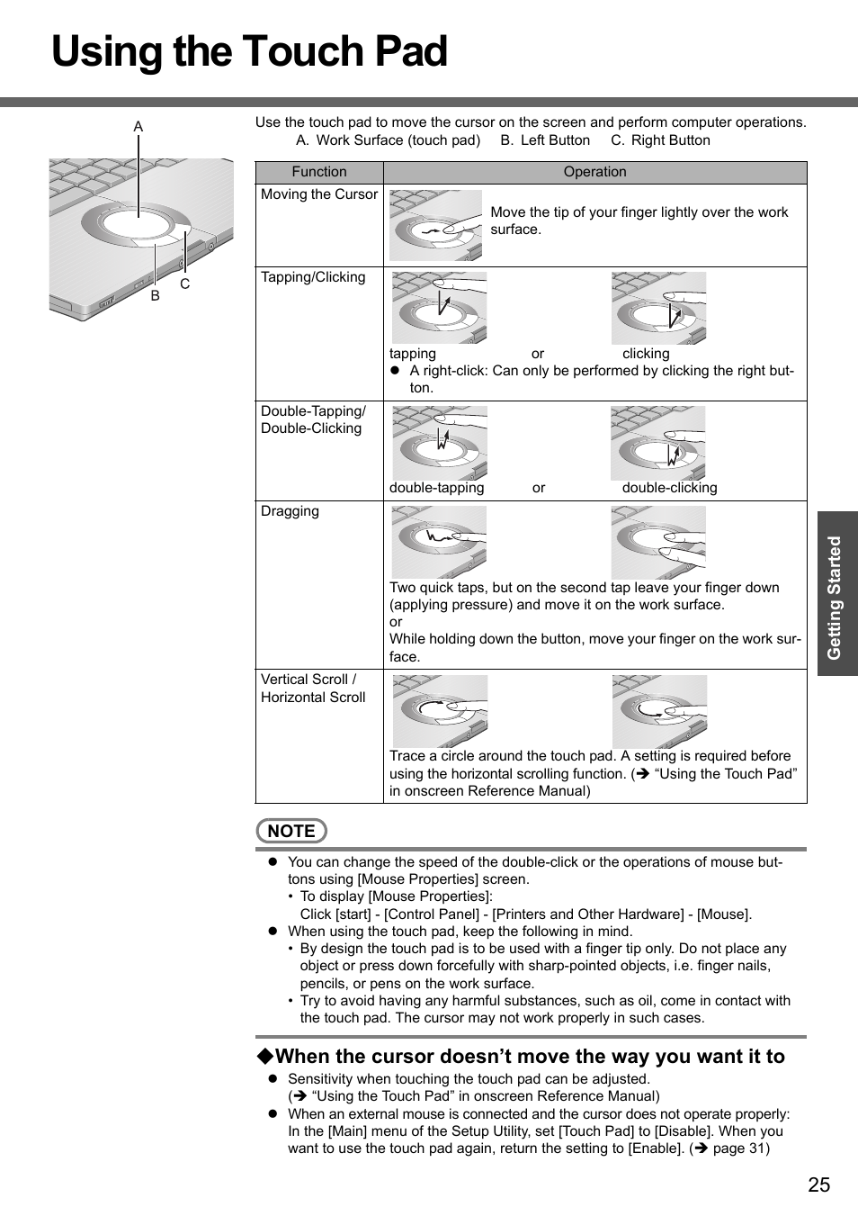 Using the touch pad | Panasonic CF-W4 Series User Manual | Page 25 / 68