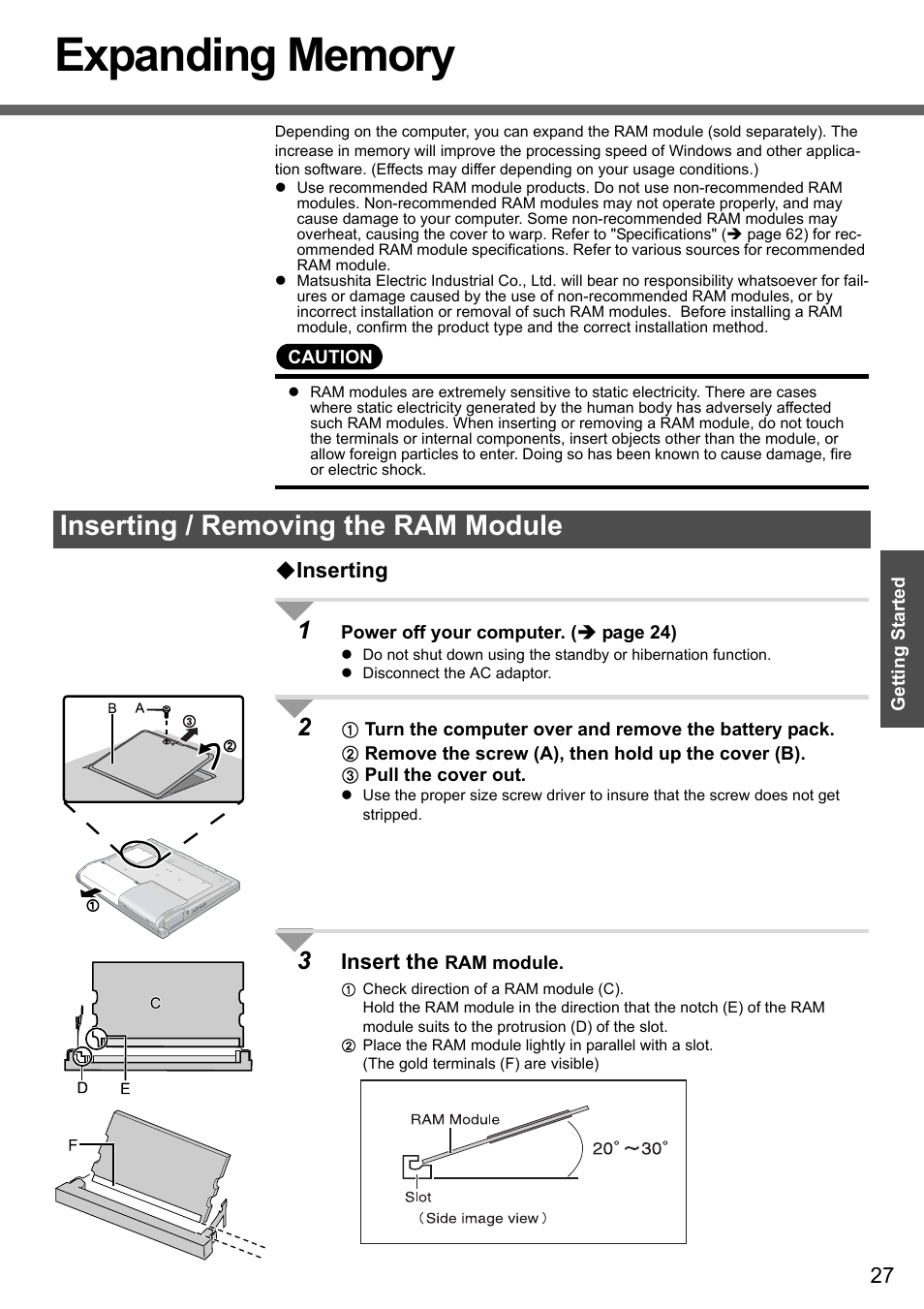 Expanding memory, Inserting / removing the ram module, Inserting | Insert the | Panasonic CF-W4 Series User Manual | Page 27 / 68