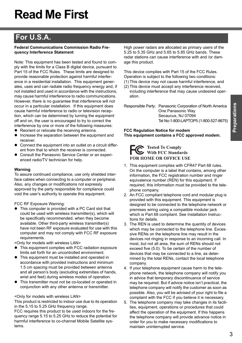 Preparations, Read me first, For u.s.a | Panasonic CF-W4 Series User Manual | Page 3 / 68