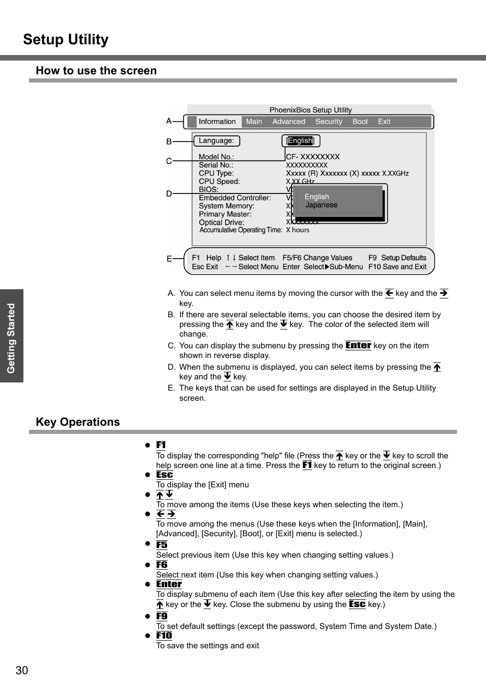 Setup utility, How to use the screen, Key operations | Panasonic CF-W4 Series User Manual | Page 30 / 68