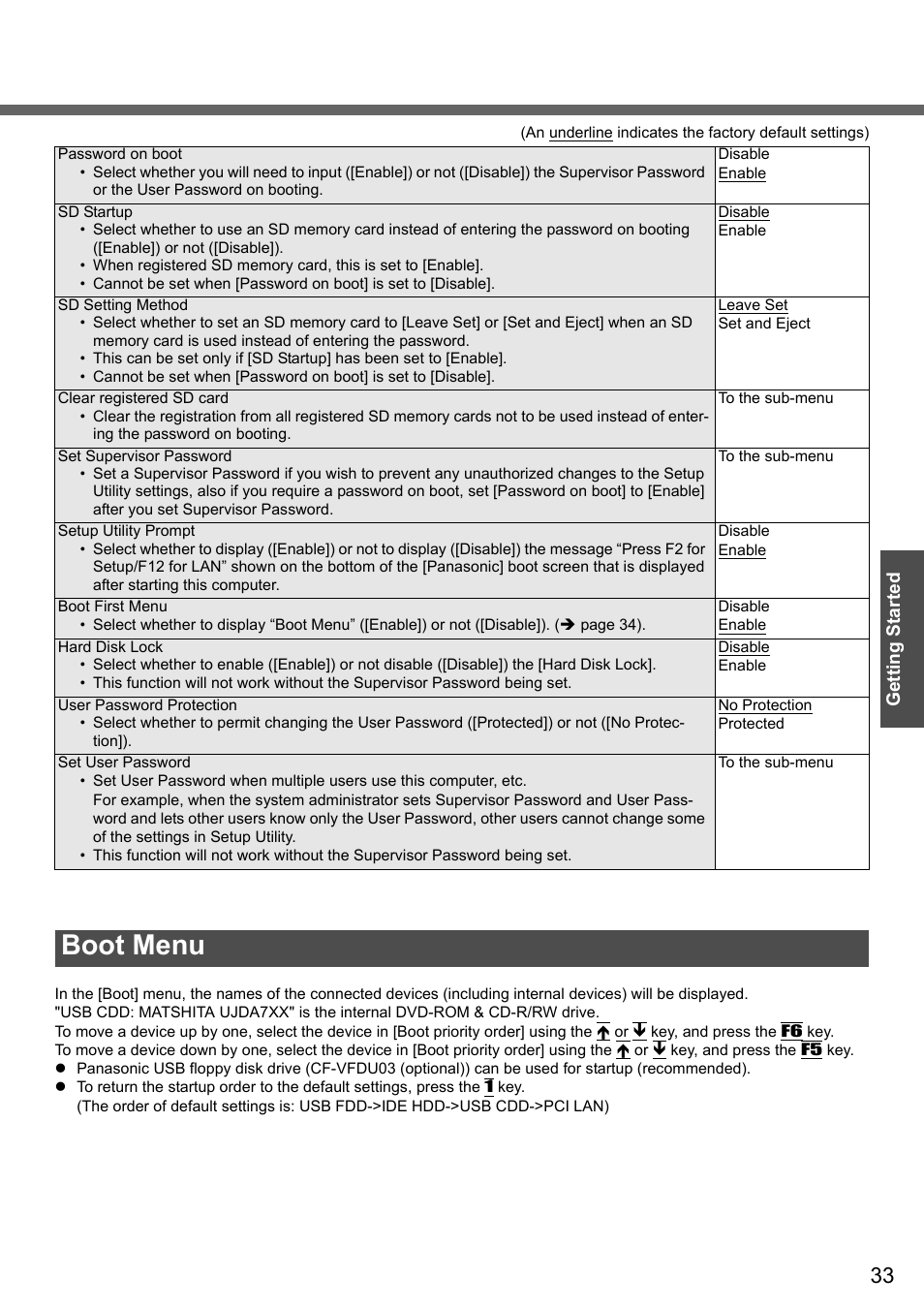 Boot menu, Getting started | Panasonic CF-W4 Series User Manual | Page 33 / 68