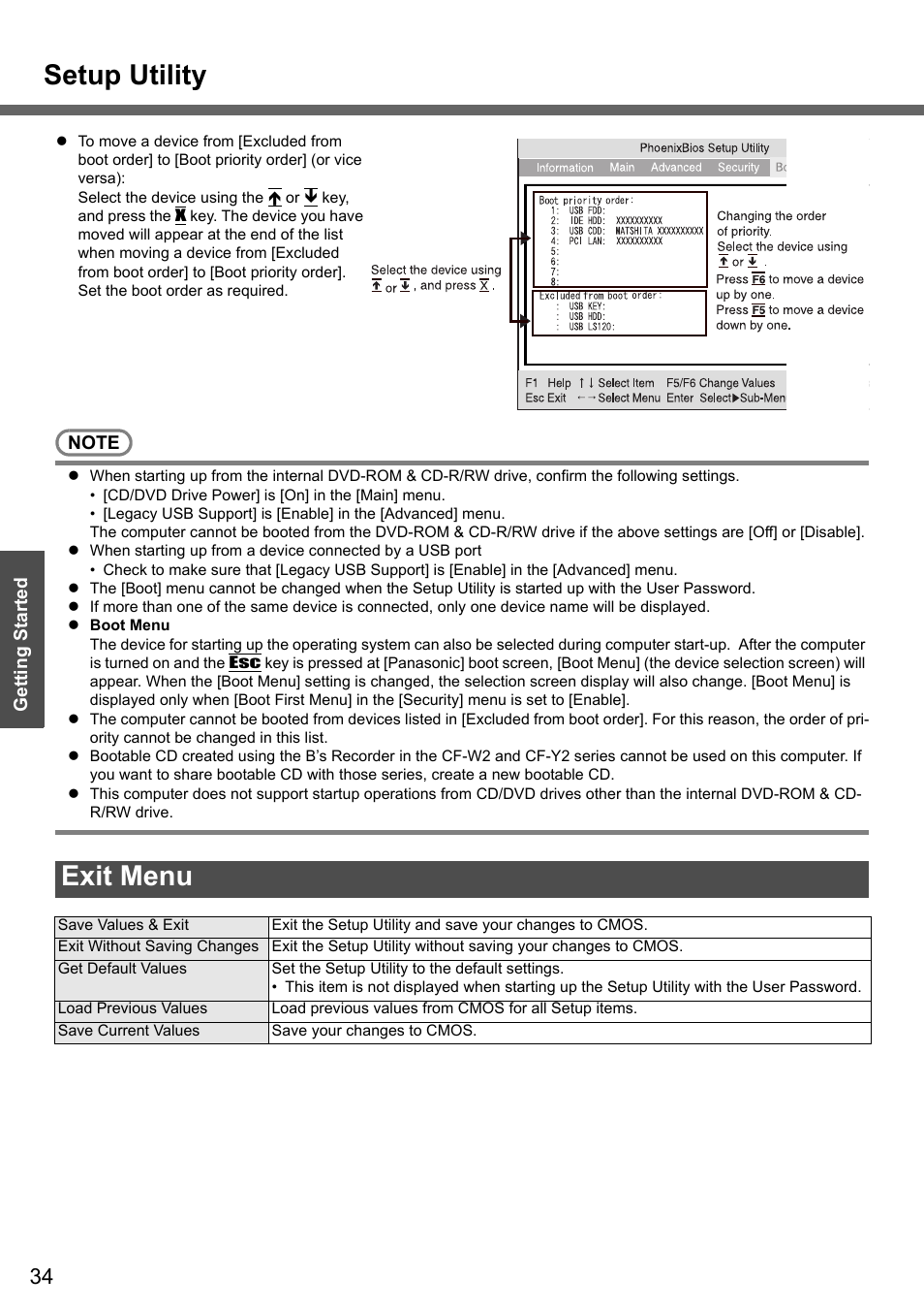 Setup utility, Exit menu | Panasonic CF-W4 Series User Manual | Page 34 / 68