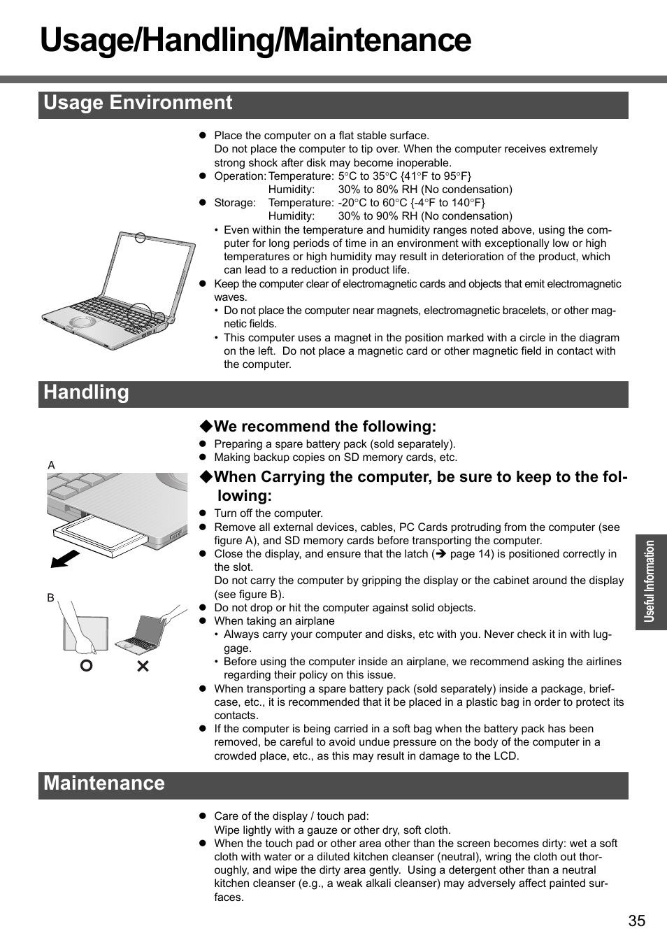 Useful information, Usage/handling/maintenance, Usage environment handling maintenance | We recommend the following | Panasonic CF-W4 Series User Manual | Page 35 / 68