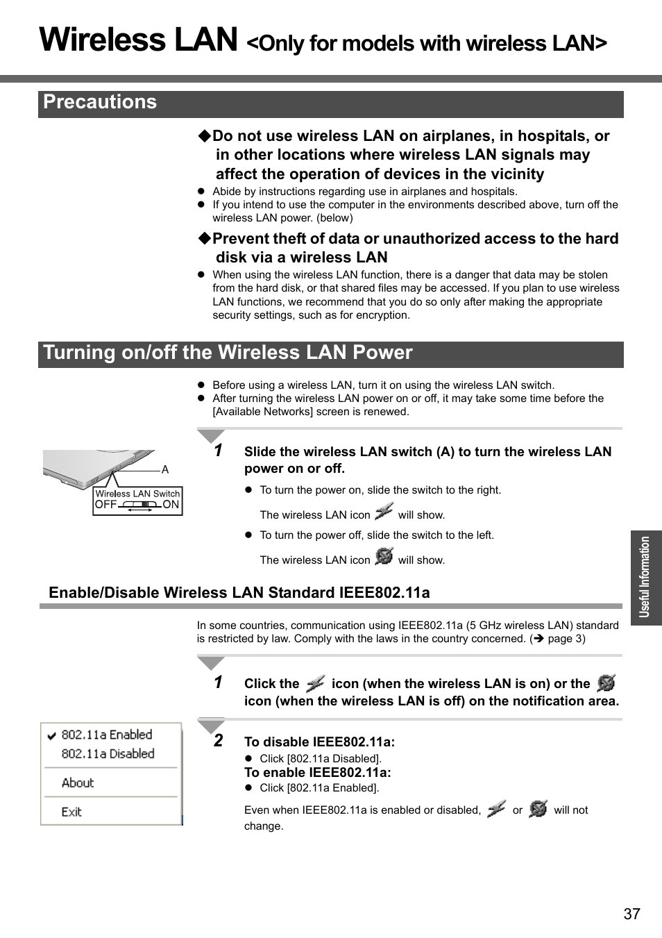 Wireless lan<only for models with wireless lan, Wireless lan, Only for models with wireless lan | Precautions turning on/off the wireless lan power | Panasonic CF-W4 Series User Manual | Page 37 / 68