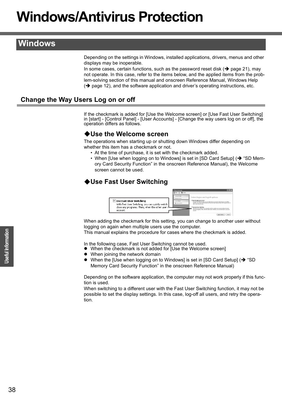 Windows/antivirus protection, Windows | Panasonic CF-W4 Series User Manual | Page 38 / 68