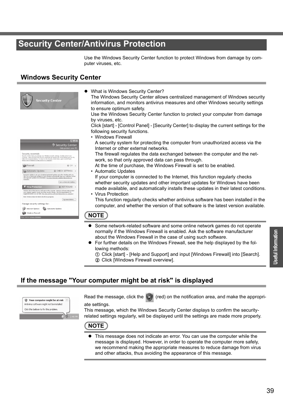 Security center/antivirus protection, Windows security center | Panasonic CF-W4 Series User Manual | Page 39 / 68