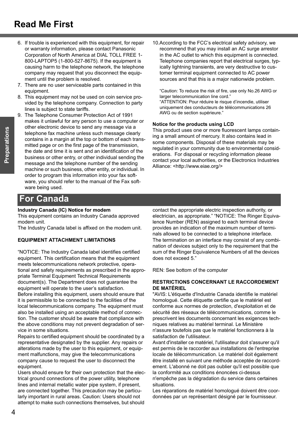 Read me first, For canada | Panasonic CF-W4 Series User Manual | Page 4 / 68