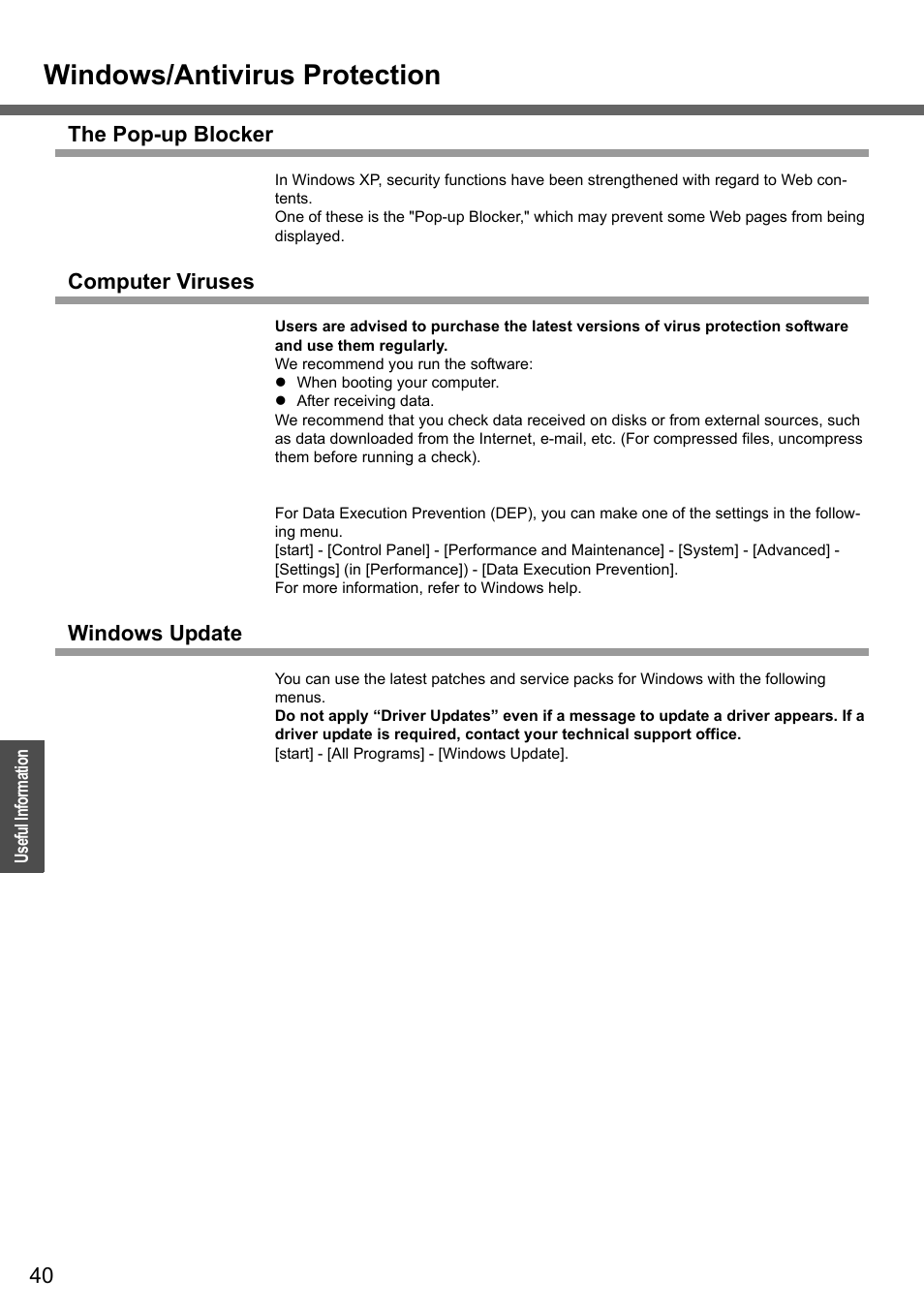 Windows/antivirus protection, The pop-up blocker, Computer viruses | Windows update | Panasonic CF-W4 Series User Manual | Page 40 / 68