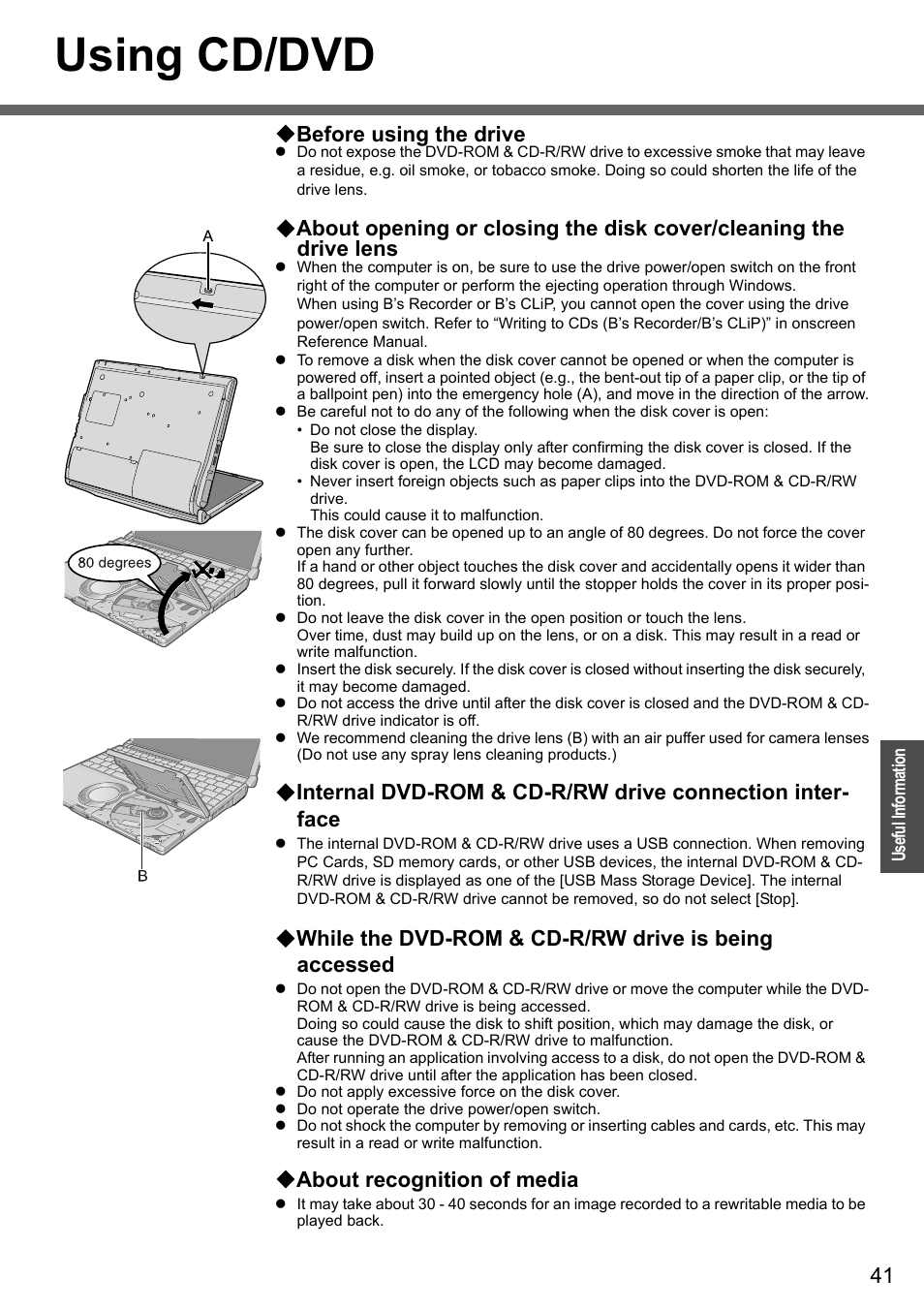 Using cd/dvd, Before using the drive, About recognition of media | Panasonic CF-W4 Series User Manual | Page 41 / 68