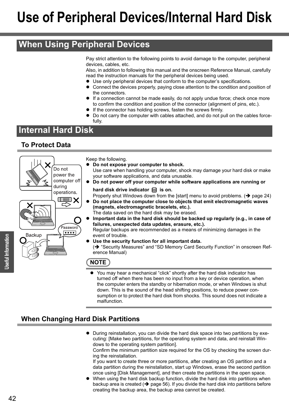 Use of peripheral devices/internal hard disk, When using peripheral devices internal hard disk, When changing hard disk partitions | Panasonic CF-W4 Series User Manual | Page 42 / 68