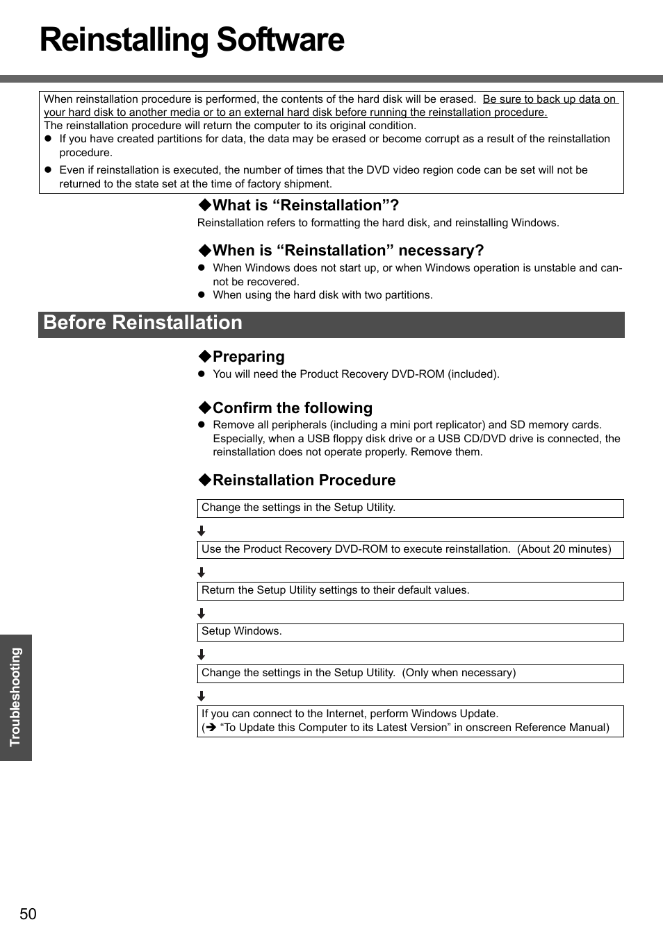 Reinstalling software, Before reinstallation | Panasonic CF-W4 Series User Manual | Page 50 / 68