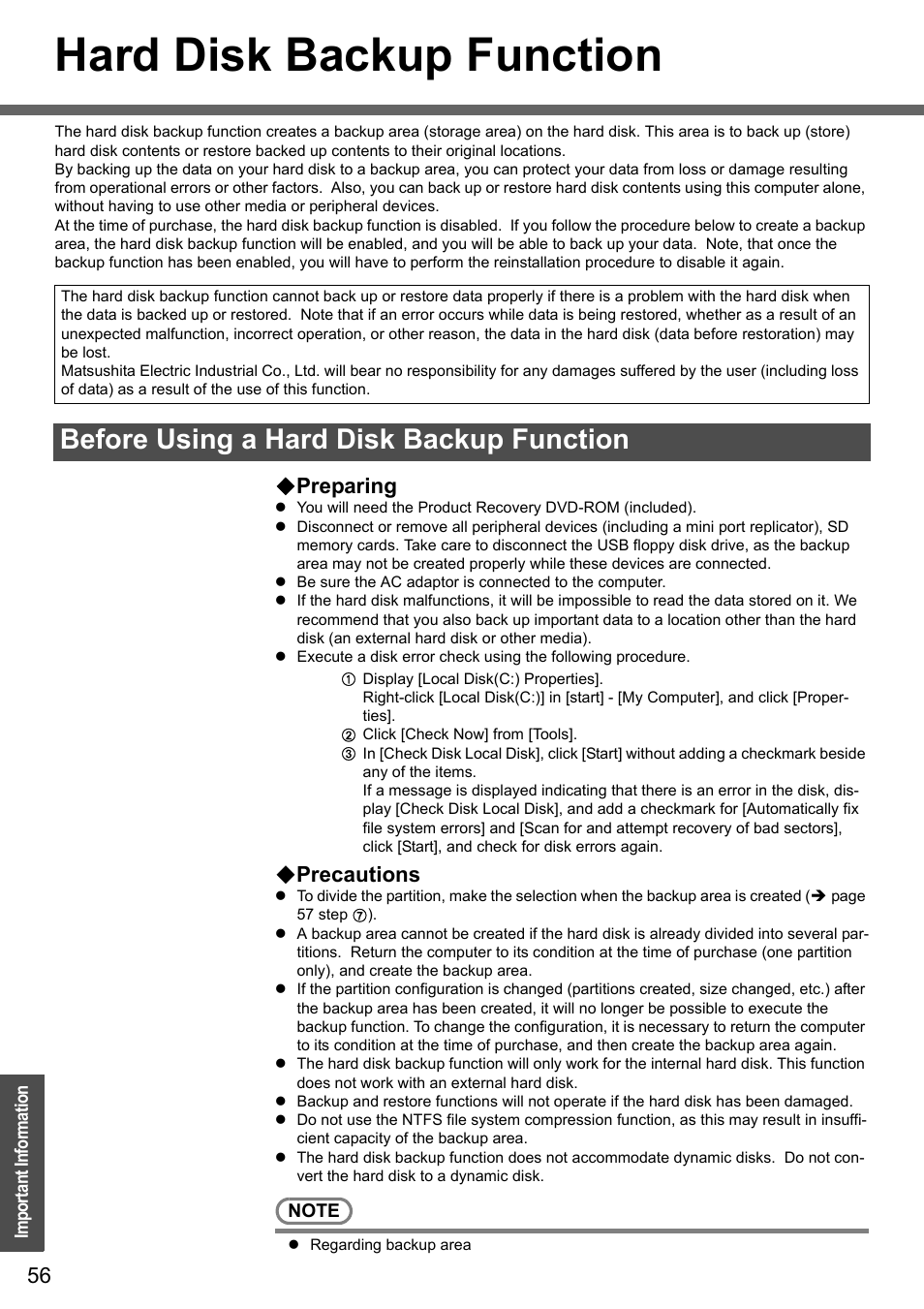 Hard disk backup function, Before using a hard disk backup function, Preparing | Precautions | Panasonic CF-W4 Series User Manual | Page 56 / 68