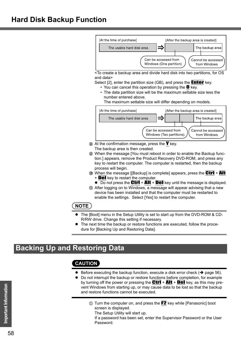 Hard disk backup function, Backing up and restoring data | Panasonic CF-W4 Series User Manual | Page 58 / 68