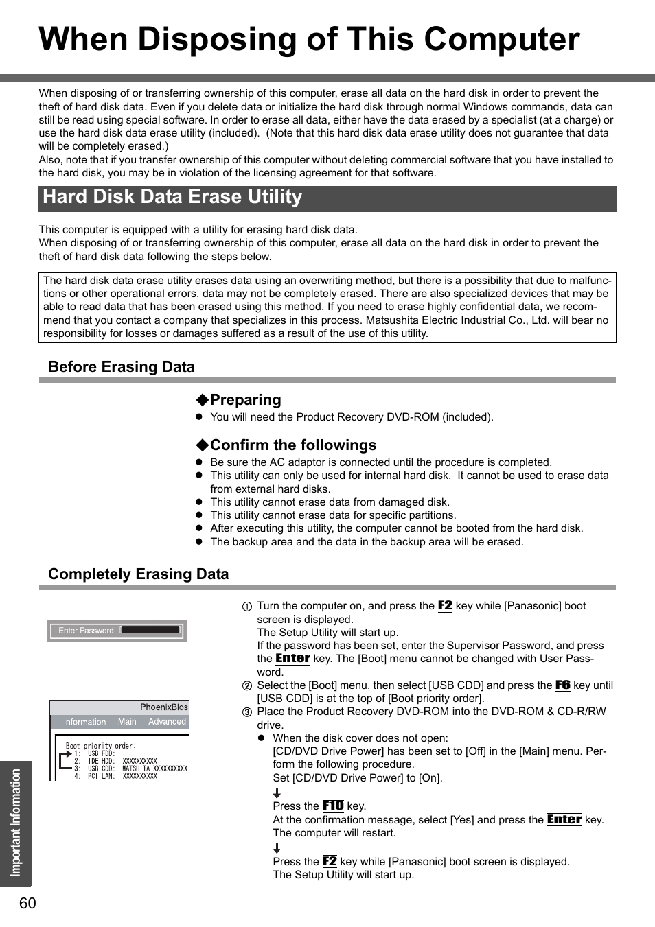 When disposing of this computer, Hard disk data erase utility, Before erasing data  preparing | Confirm the followings, Completely erasing data | Panasonic CF-W4 Series User Manual | Page 60 / 68