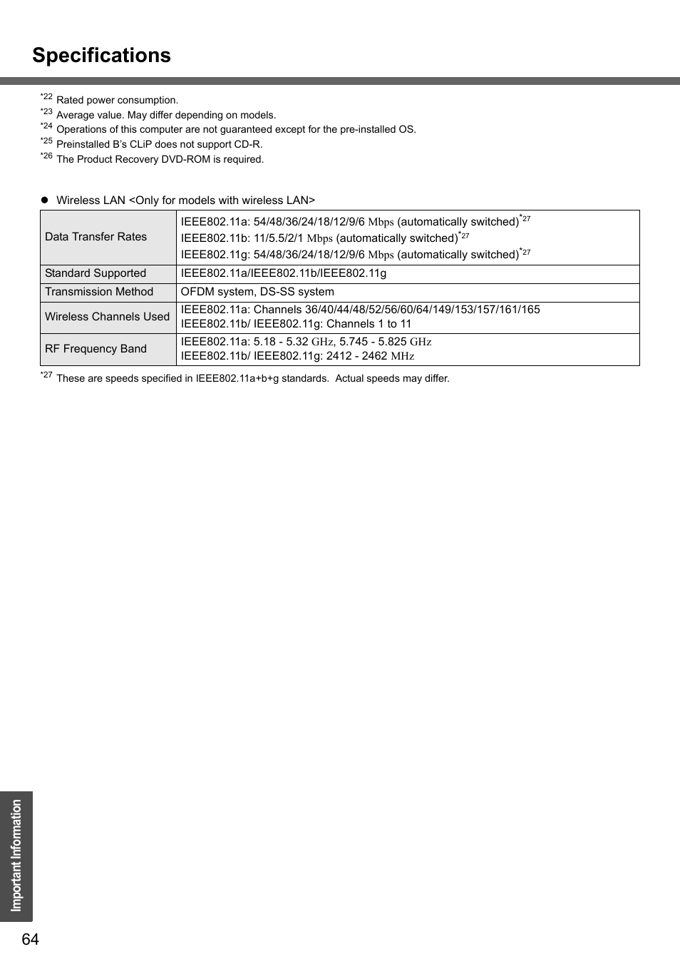 Specifications, Im po rta nt info rma tion | Panasonic CF-W4 Series User Manual | Page 64 / 68