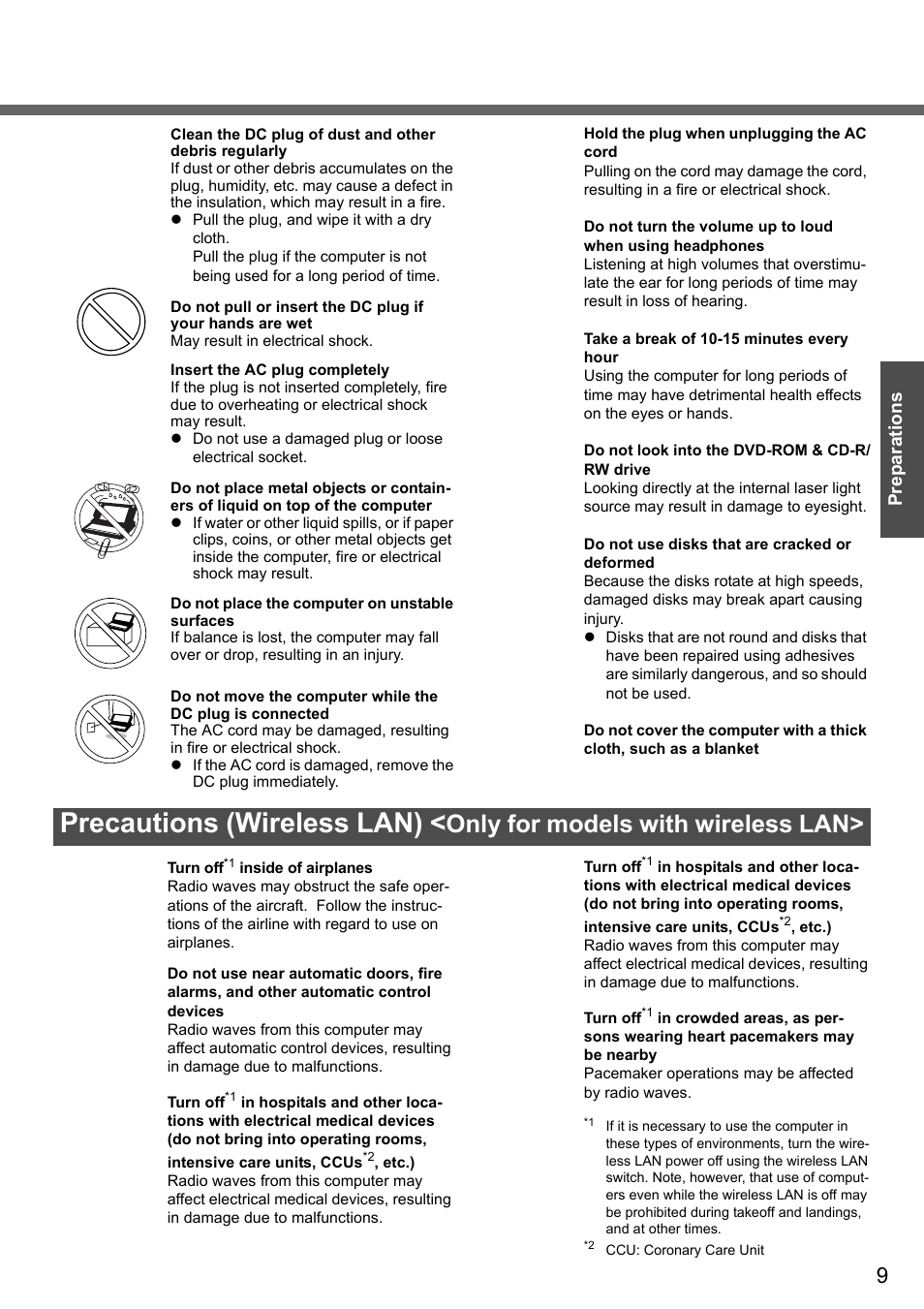 Precautions (wireless lan), Only for models with wireless lan, Preparations | Panasonic CF-W4 Series User Manual | Page 9 / 68