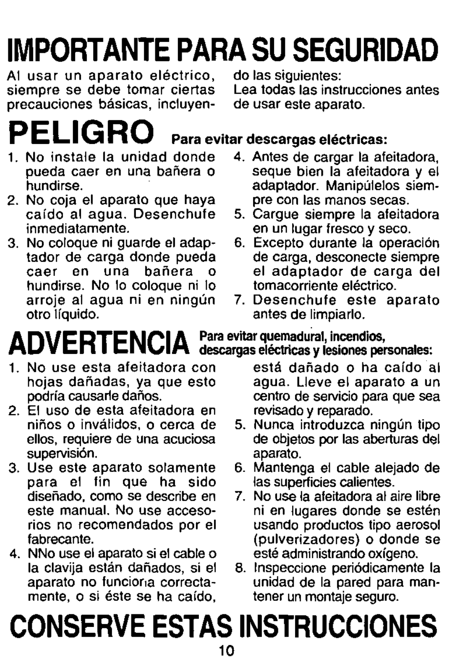 Importante para su seguridad, Advertencia, Conserve estas instrucciones | Peligro | Panasonic ES726 User Manual | Page 10 / 22