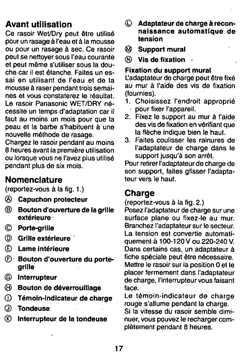 Avant utilisation, Nomenclature, Charge | Panasonic ES726 User Manual | Page 17 / 22