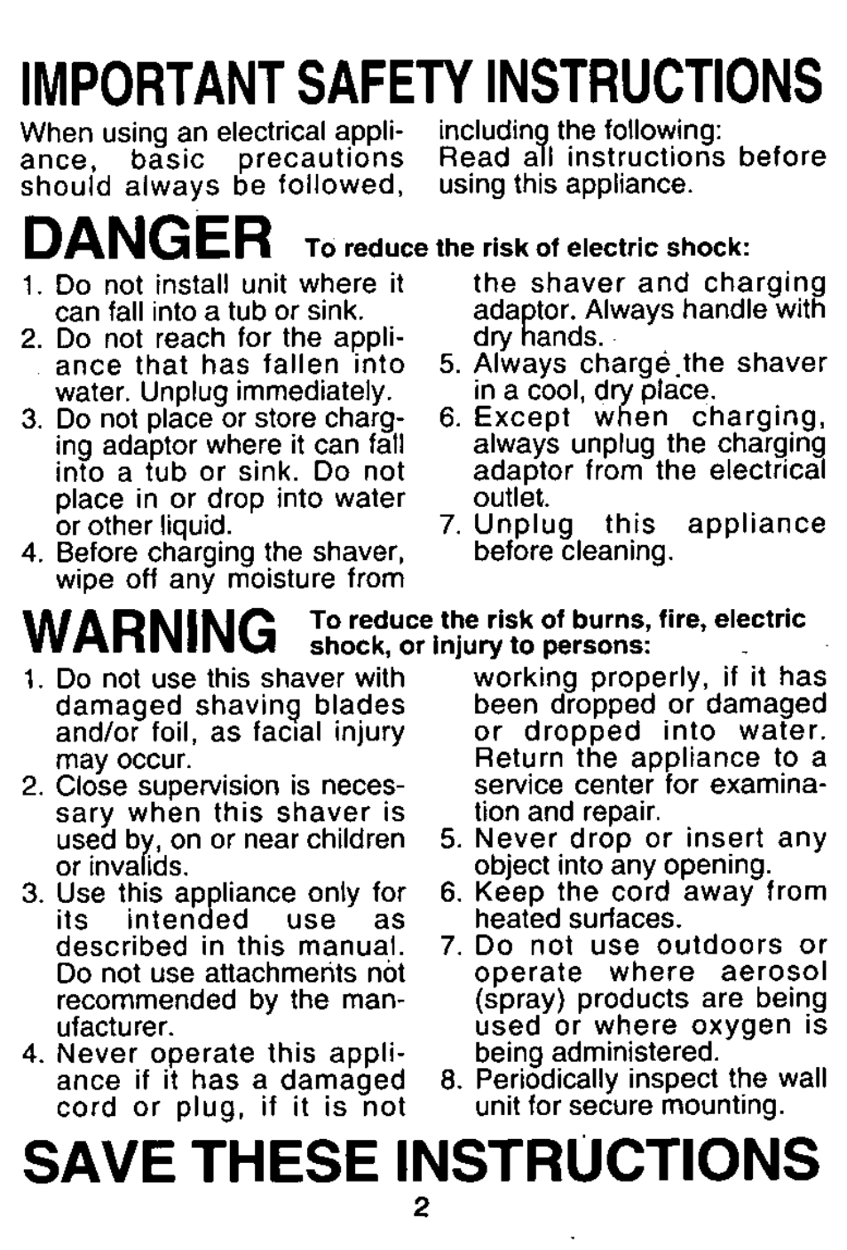 Important safety instructions, Danger, Warning | Save these instructions | Panasonic ES726 User Manual | Page 2 / 22