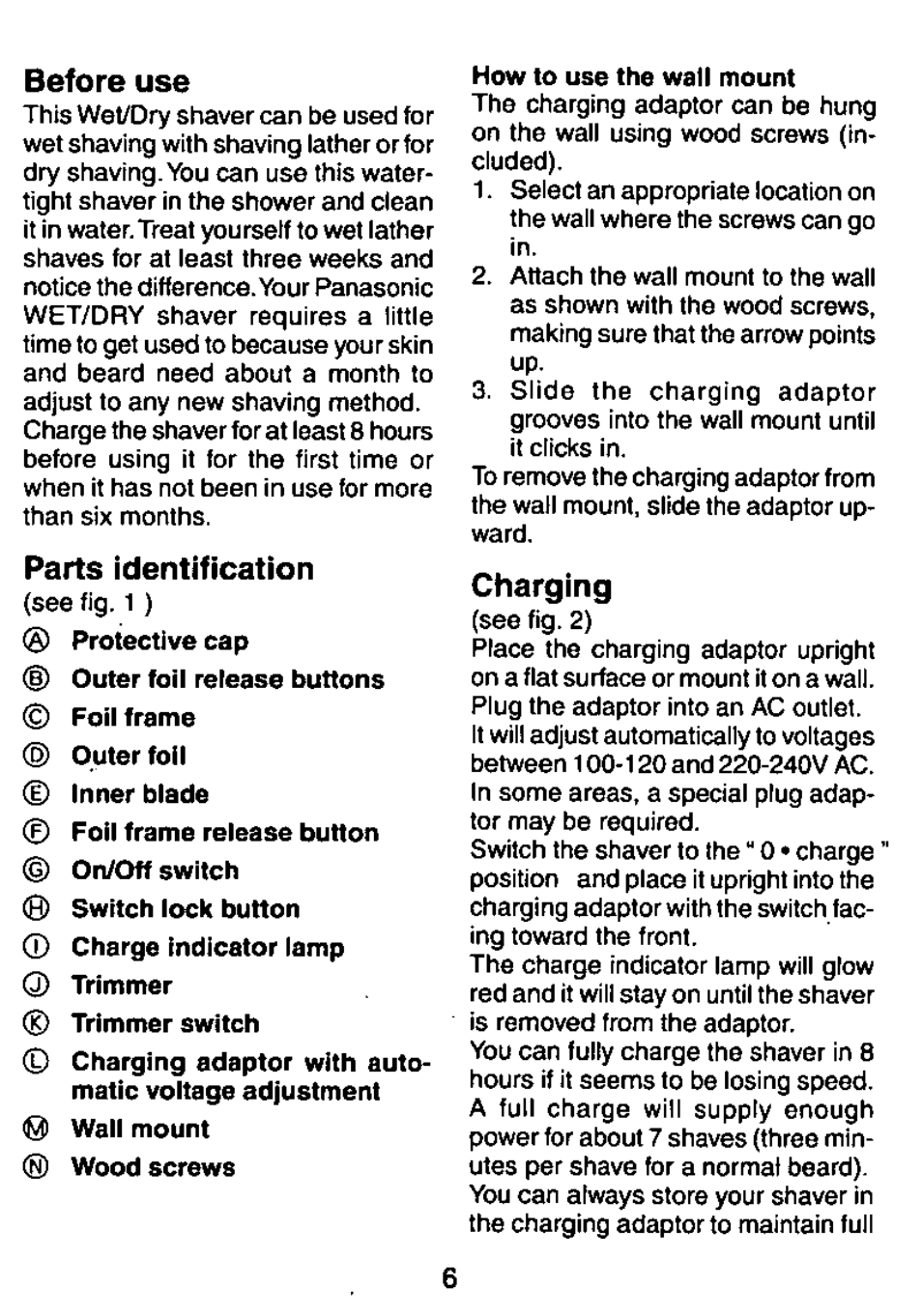 Before use, Parts identification, Charging | Panasonic ES726 User Manual | Page 6 / 22