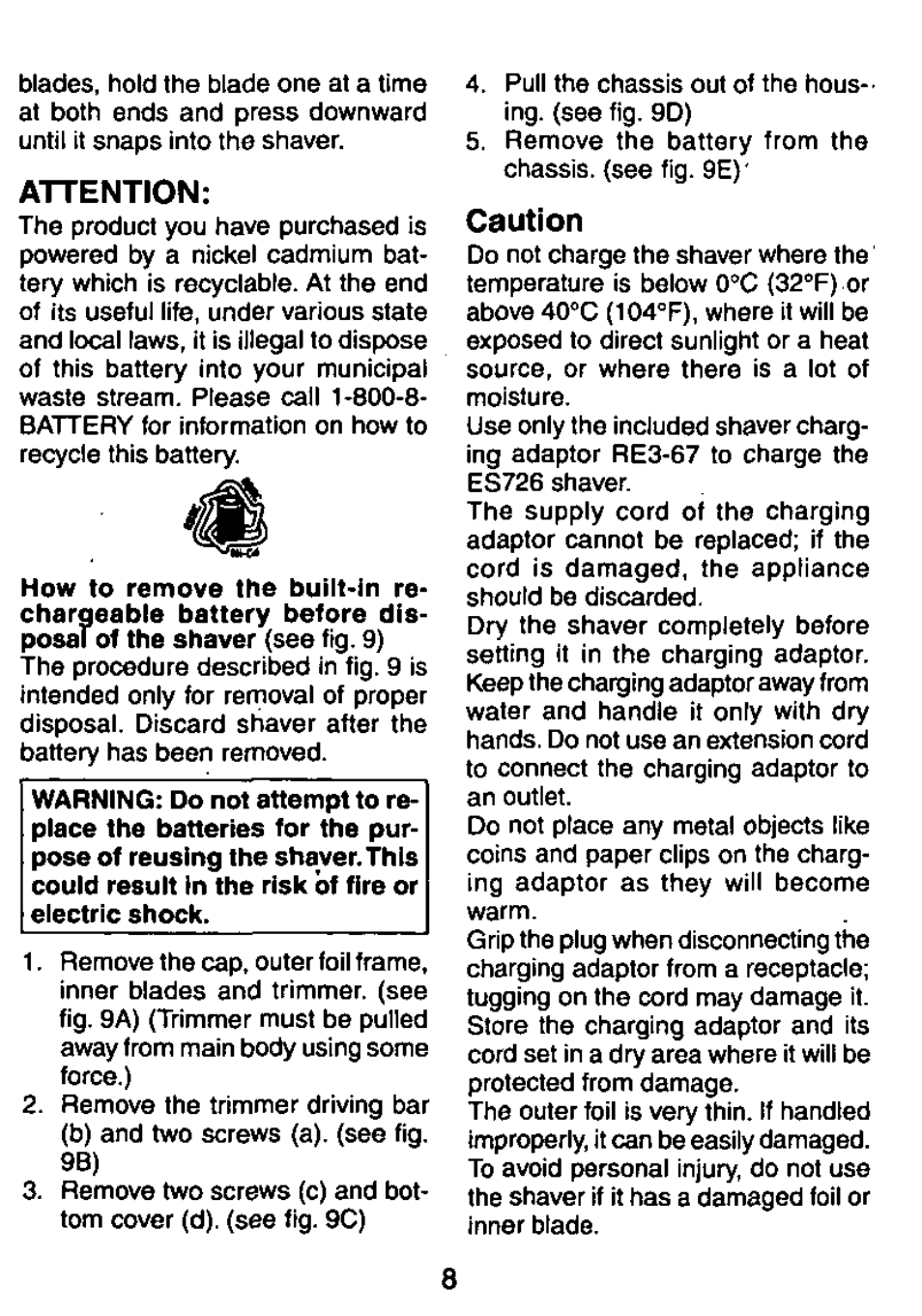 Attention, Caution | Panasonic ES726 User Manual | Page 8 / 22