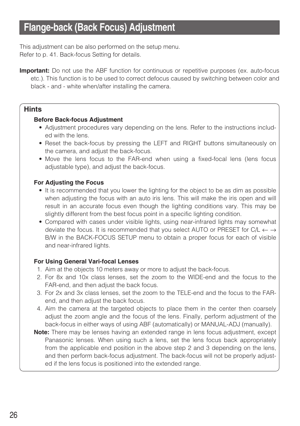 Flange-back (back focus) adjustment | Panasonic WV-CW484 User Manual | Page 26 / 50