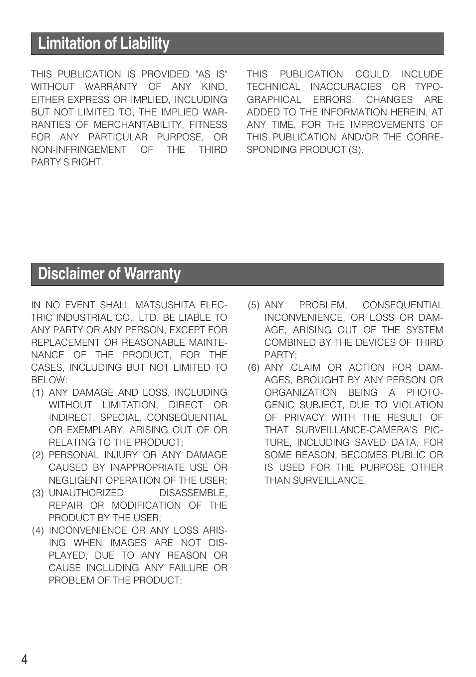 Limitation of liability, Disclaimer of warranty | Panasonic WV-CW484 User Manual | Page 4 / 50