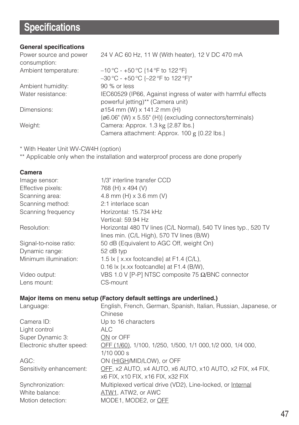 Specifications | Panasonic WV-CW484 User Manual | Page 47 / 50