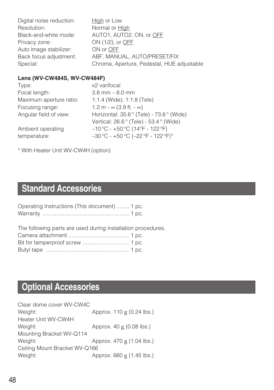 Standard accessories, Optional accessories | Panasonic WV-CW484 User Manual | Page 48 / 50